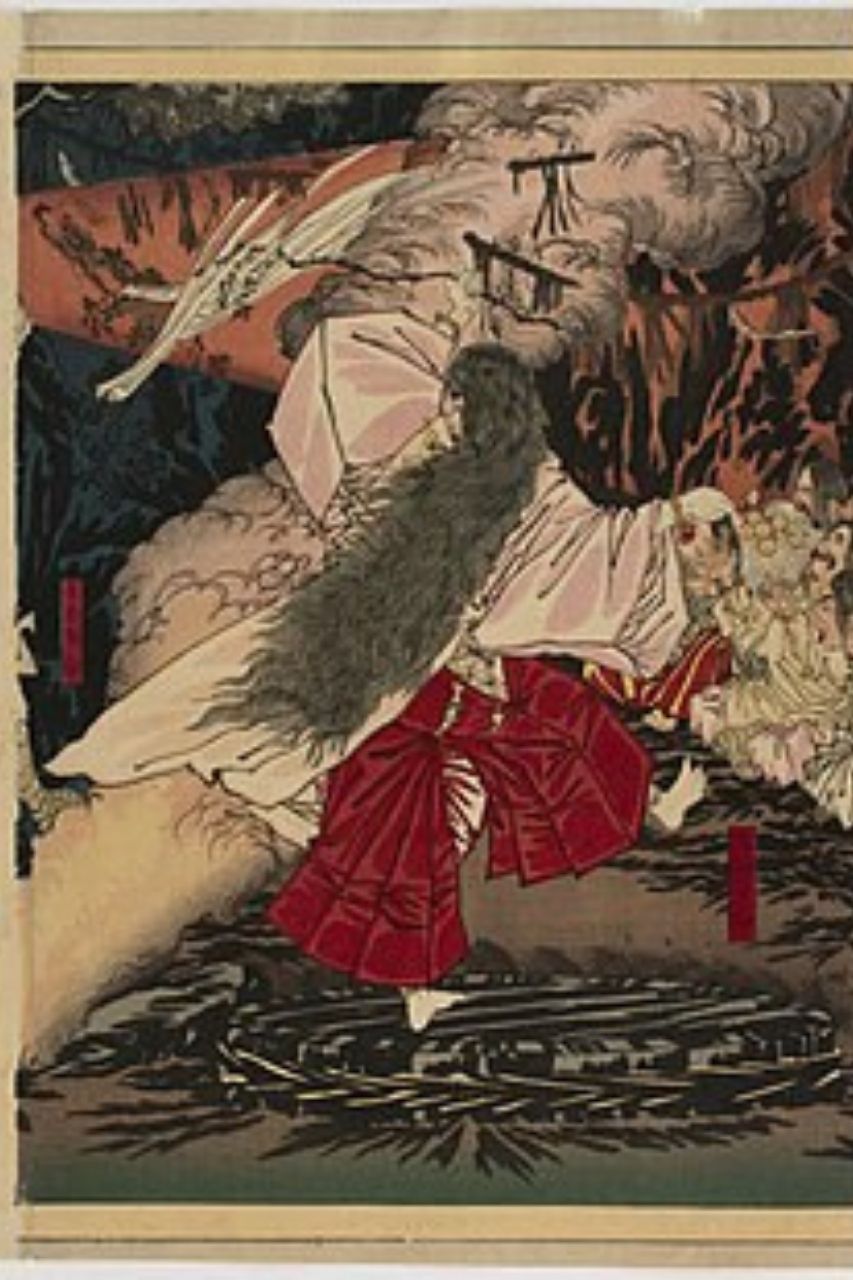 Ame no Uzume dancing woodprint