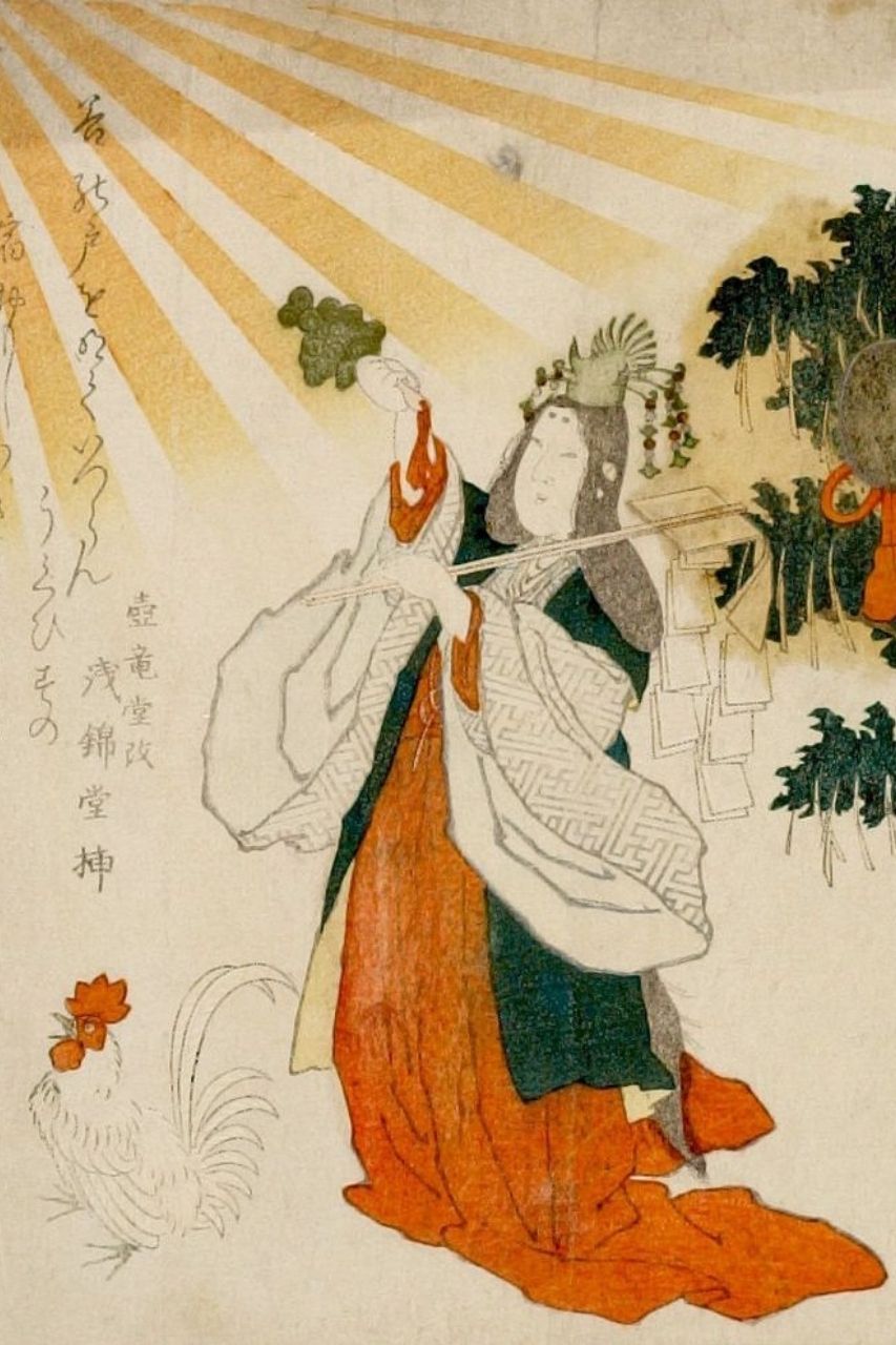 The goddess Uzume with rooster and mirror