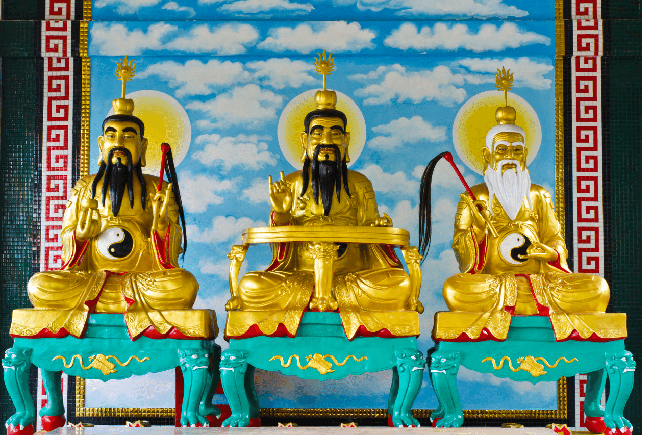 Golden statues of Yue Lao and other Chinese gods