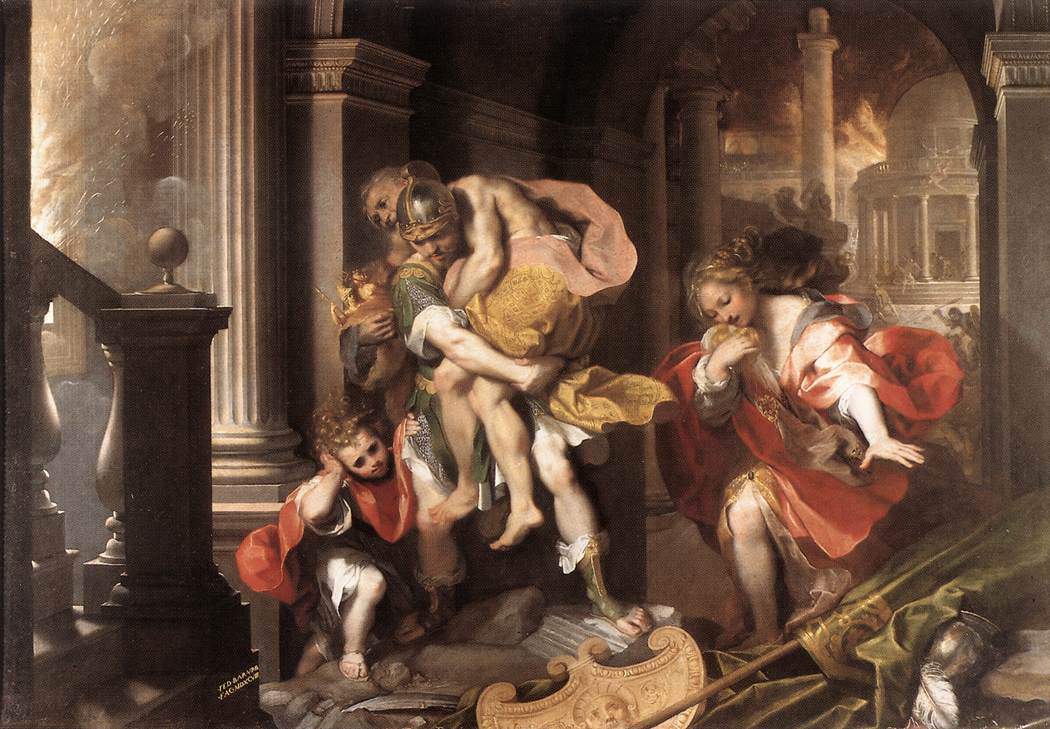 Aeneas carrying Anchises and leading Ascanius out of burning Troy