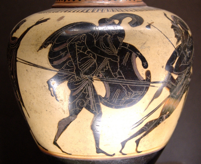 Ancient vase showing Aeneas during the fall of Troy