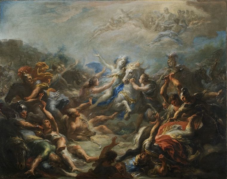 Camilla leading her warriors in battle in the Aeneid