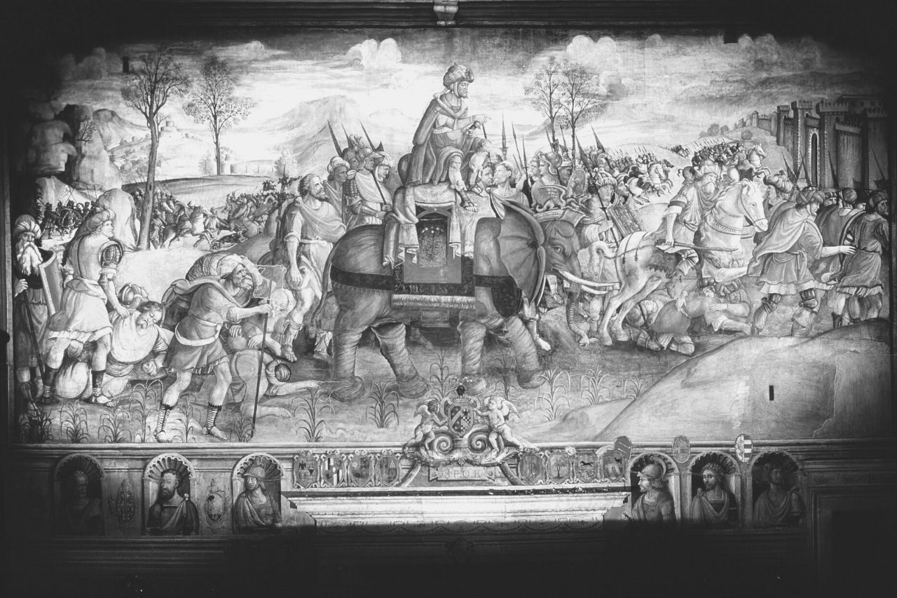 Hannibal and his army crossing the Alps with elephants
