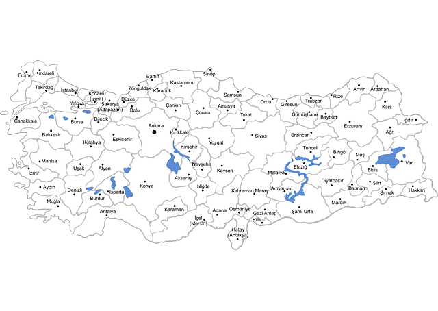 Location of Kutakya on a map of Turkey